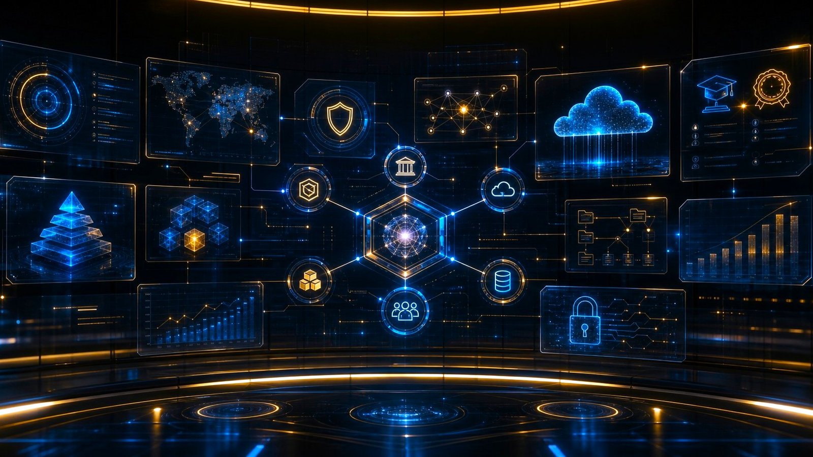 Painéis holográficos de segurança digital, nuvem, dados e monitoramento em rede
